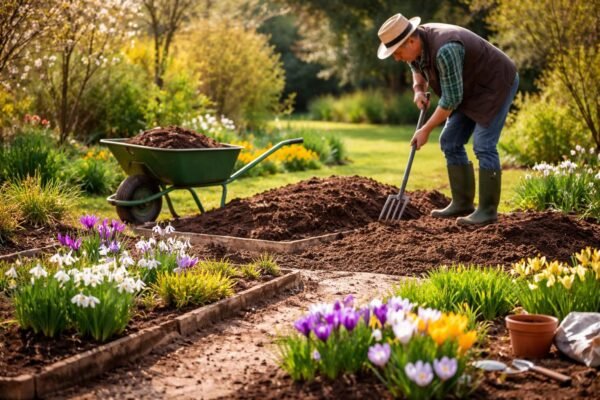 Frühlingsgarten mit frisch aufgeräumten Beeten, blühenden Krokussen, Schneeglöckchen und ersten Vorbereitungen