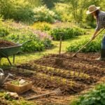 Frühlingsgarten mit Saat, Dünger und Werkzeugen bereit für die Pflege