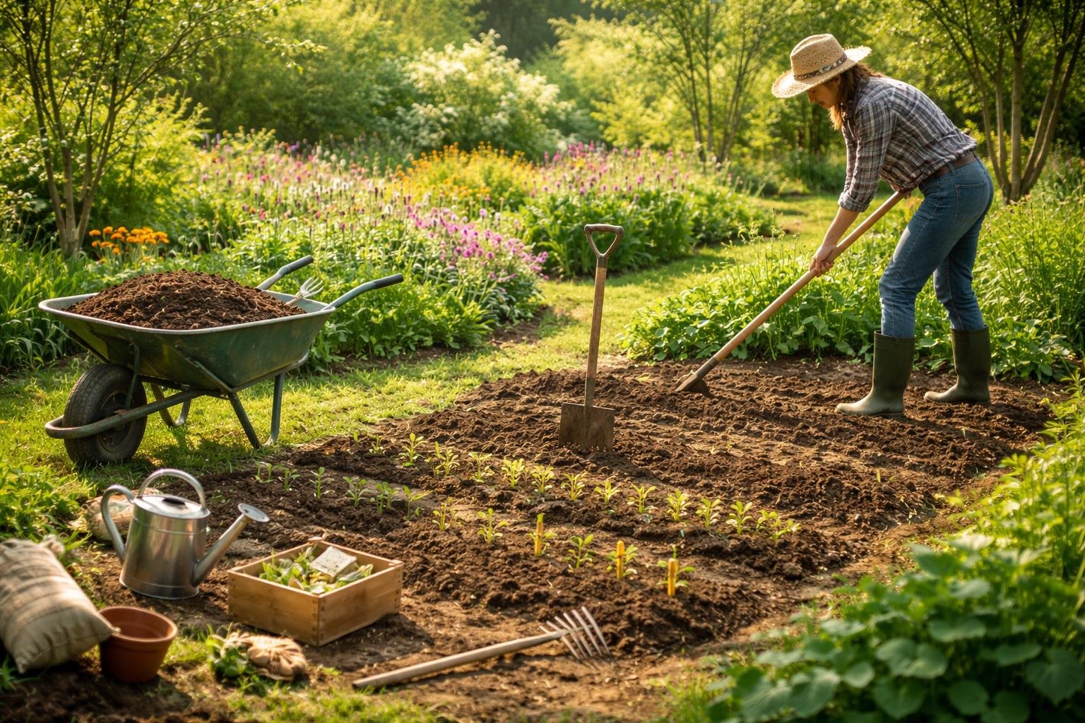 Frühlingsgarten mit Saat, Dünger und Werkzeugen bereit für die Pflege