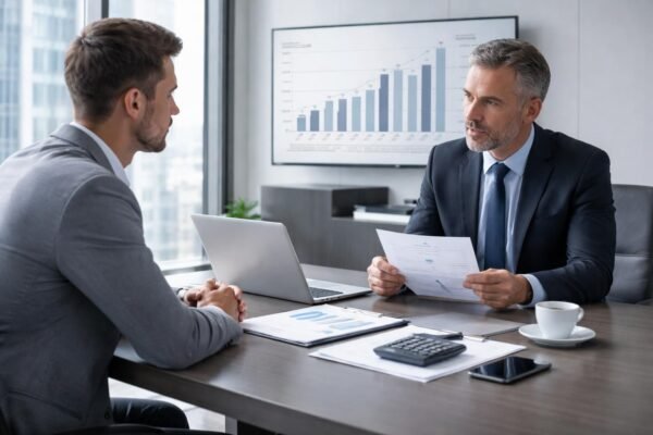 Beratungsgespräch über Gehalt mit Diagrammen und Notizen auf dem Tisch