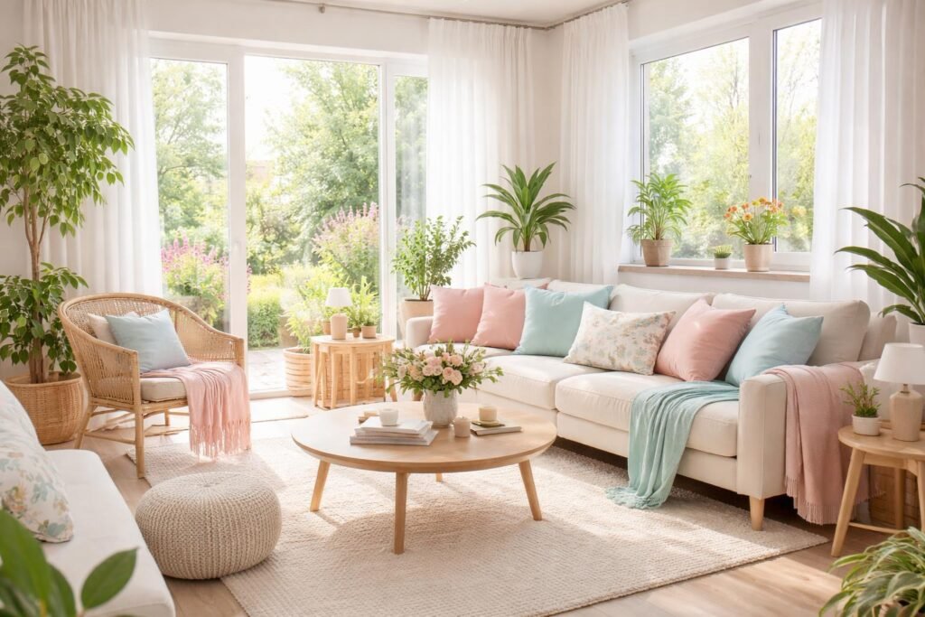 Wohnzimmer erstrahlt in frühlingshaften Farben, leichter Textur und schlichten Accessoires