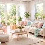Wohnzimmer erstrahlt in frühlingshaften Farben, leichter Textur und schlichten Accessoires
