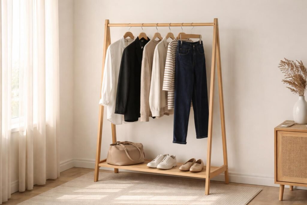 Neutrale Capsule-Wardrobe mit gut kombinierbaren Basics in einem hellen Raum