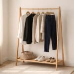 Neutrale Capsule-Wardrobe mit gut kombinierbaren Basics in einem hellen Raum