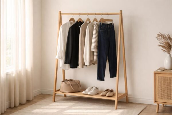 Neutrale Capsule-Wardrobe mit gut kombinierbaren Basics in einem hellen Raum