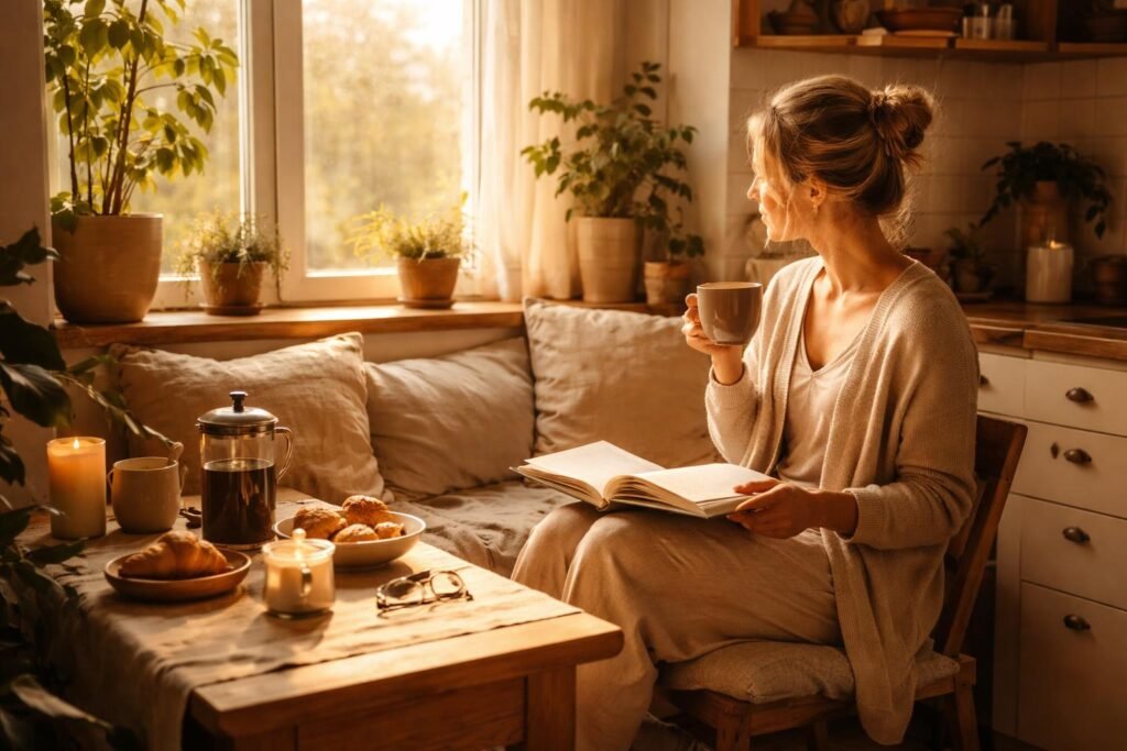 Genießer-Morgenroutine: ruhiger Start mit Kaffee, Journal, Atemübungen, Wärme und sanfter Tagesbeginn