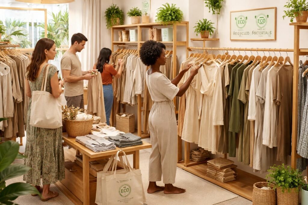 Modisches Outfit aus recycelten Stoffen vor städtischer Straßenszene und natürlichen Lichtverhältnissen am Tag