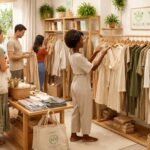 Modisches Outfit aus recycelten Stoffen vor städtischer Straßenszene und natürlichen Lichtverhältnissen am Tag