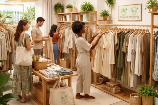 Modisches Outfit aus recycelten Stoffen vor städtischer Straßenszene und natürlichen Lichtverhältnissen am Tag