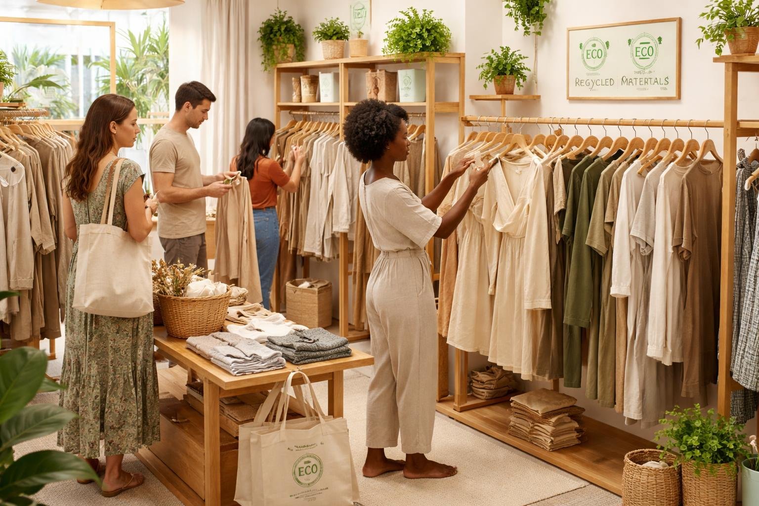 Modisches Outfit aus recycelten Stoffen vor städtischer Straßenszene und natürlichen Lichtverhältnissen am Tag