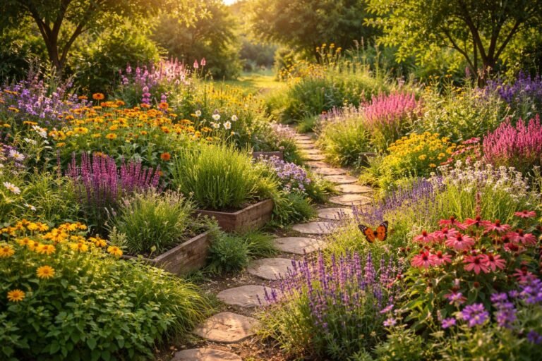 Bunter naturnaher Garten: summende Bienen, Schmetterlinge und blühende Stauden in allen Ecken des Gartens.