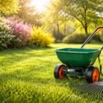 Grüner Frühlingsrasen nach Winterpause, frisch gemäht und beleuchtet von Sonnenlicht