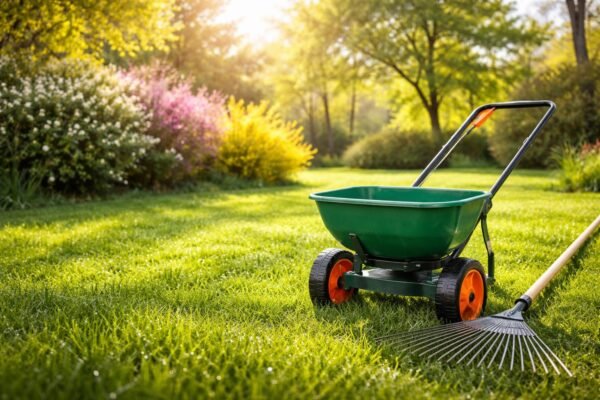 Grüner Frühlingsrasen nach Winterpause, frisch gemäht und beleuchtet von Sonnenlicht