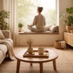 Person sitzt entspannt am Fenster, genießt Tee, meditativ ruhiger Tagesbeginn.