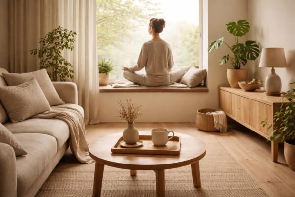 Person sitzt entspannt am Fenster, genießt Tee, meditativ ruhiger Tagesbeginn.