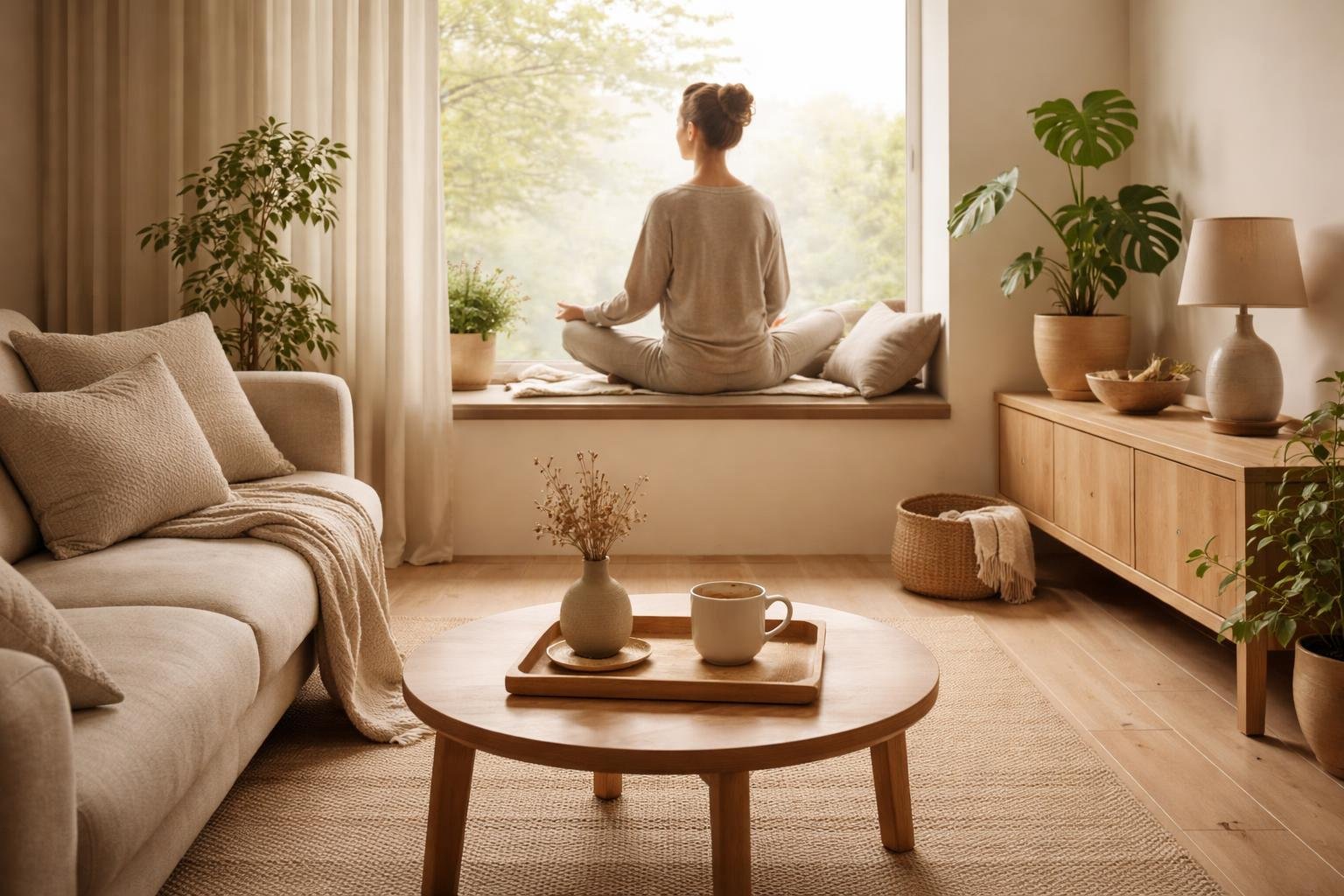 Person sitzt entspannt am Fenster, genießt Tee, meditativ ruhiger Tagesbeginn.
