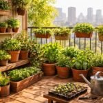 Urbaner Balkon mit Kräutern, Gemüsepflanzen, Kräuterampeln und begrüntem Substrat-System für frische Ernte.