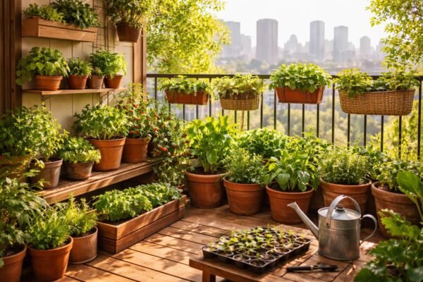 Urbaner Balkon mit Kräutern, Gemüsepflanzen, Kräuterampeln und begrüntem Substrat-System für frische Ernte.