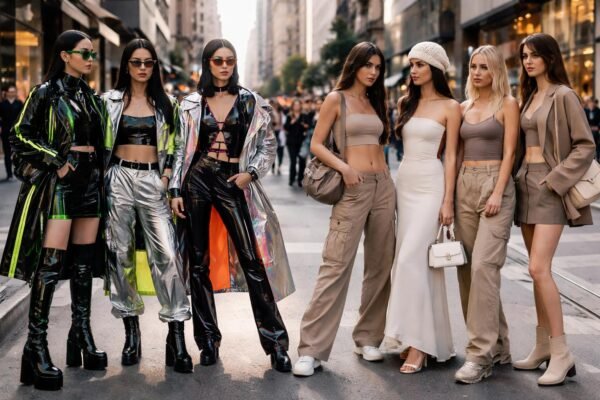 Modische Streetwear-Übersicht: Neon trifft Naturtöne, Metallics neben Minimalismus auf dem Laufsteg