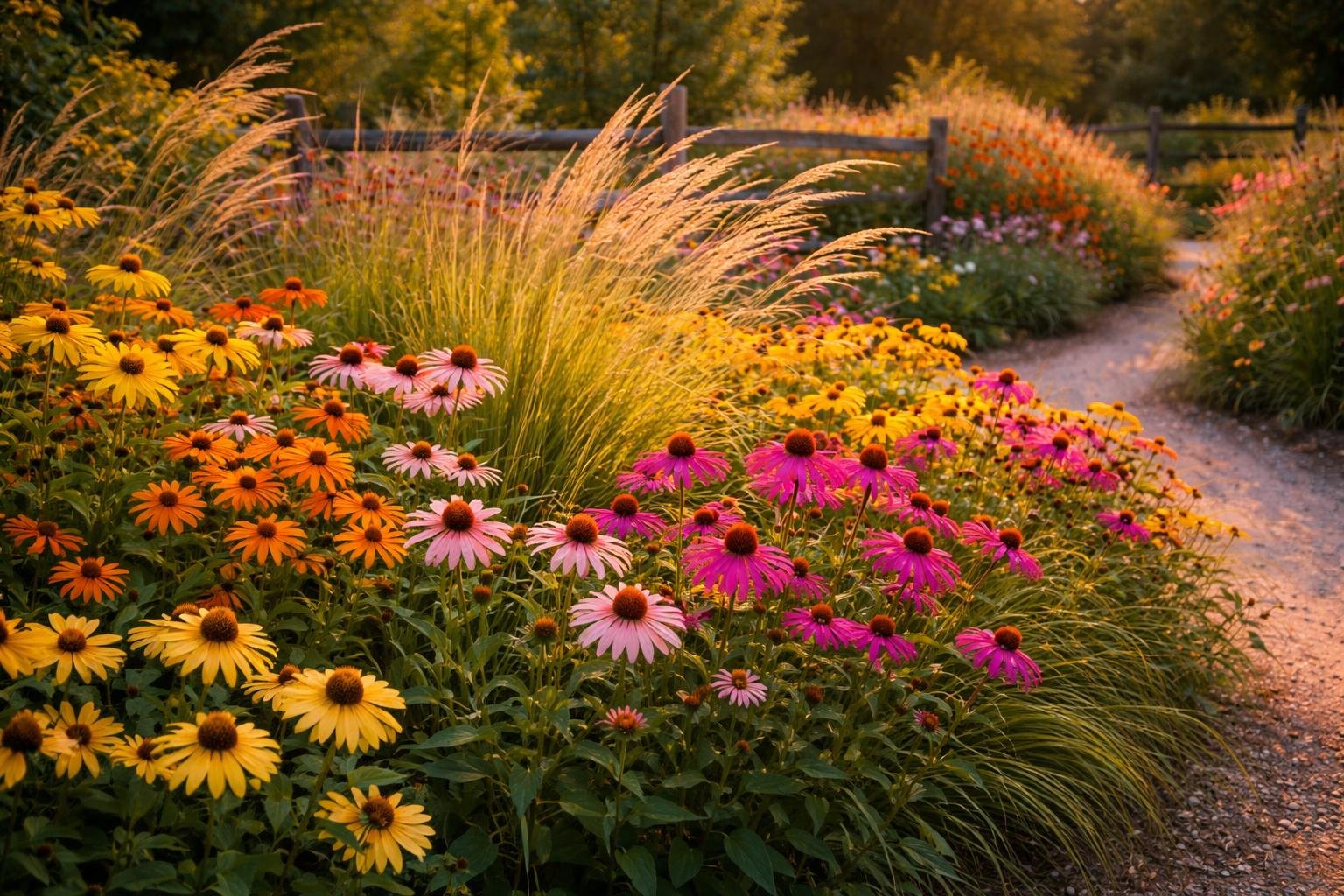 Bunte Sonnenhutblüten im Spätsommer leuchten im Beet und im Garten.